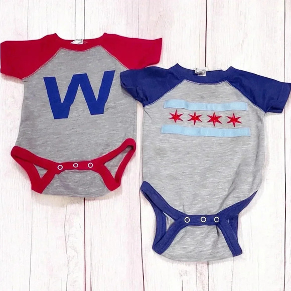 2 Chicago Cubs Rabbit Skins Infant Baby Bodysuit Red Gray Blue 6 Months Soft EUC - Picture 1 of 6